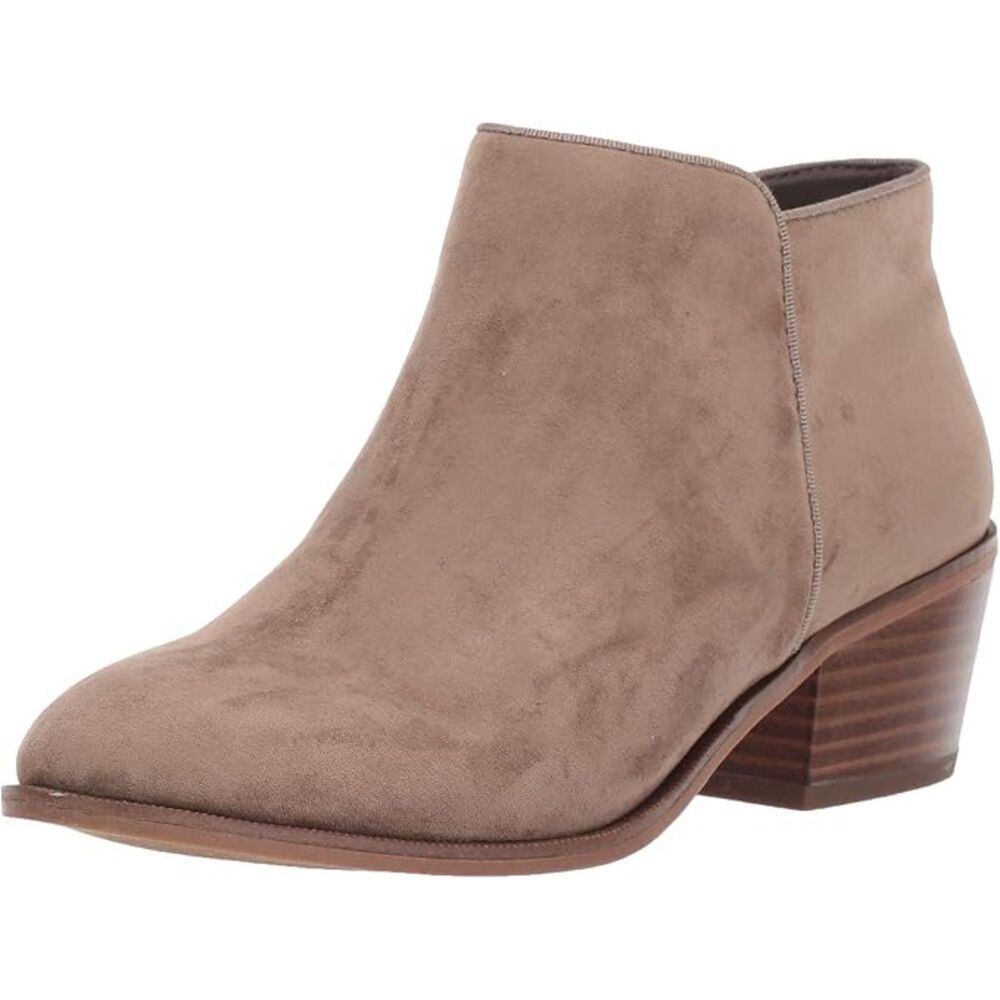 Women's Taupe Leather Block Heel Round Toe Casual Ankle Boots
